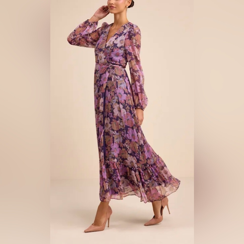 Lulus NWT “Feeling Sweet” Purple Floral Print Long Sleeve Wrap Maxi Dress. Large - Picture 11 of 15
